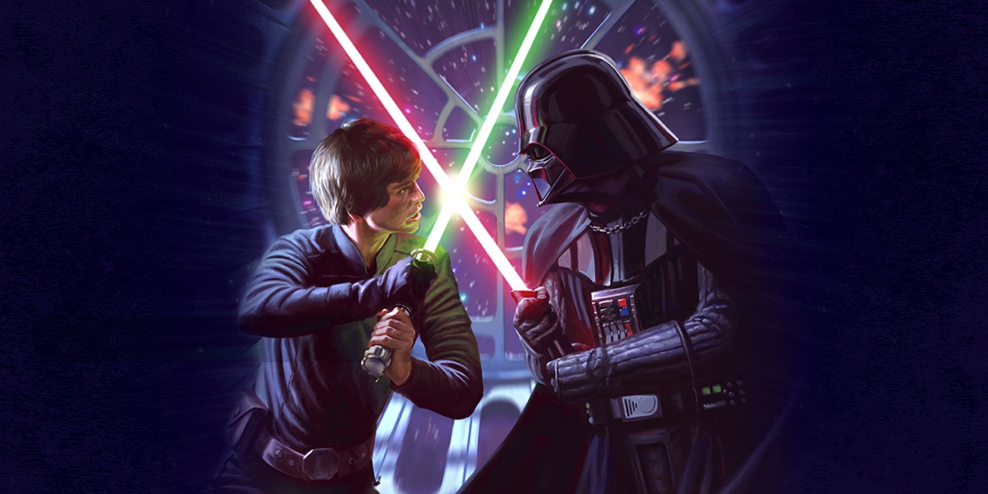 Luke fighting Darth Vader in the artwork for the Star Wars Deckbuilding Game