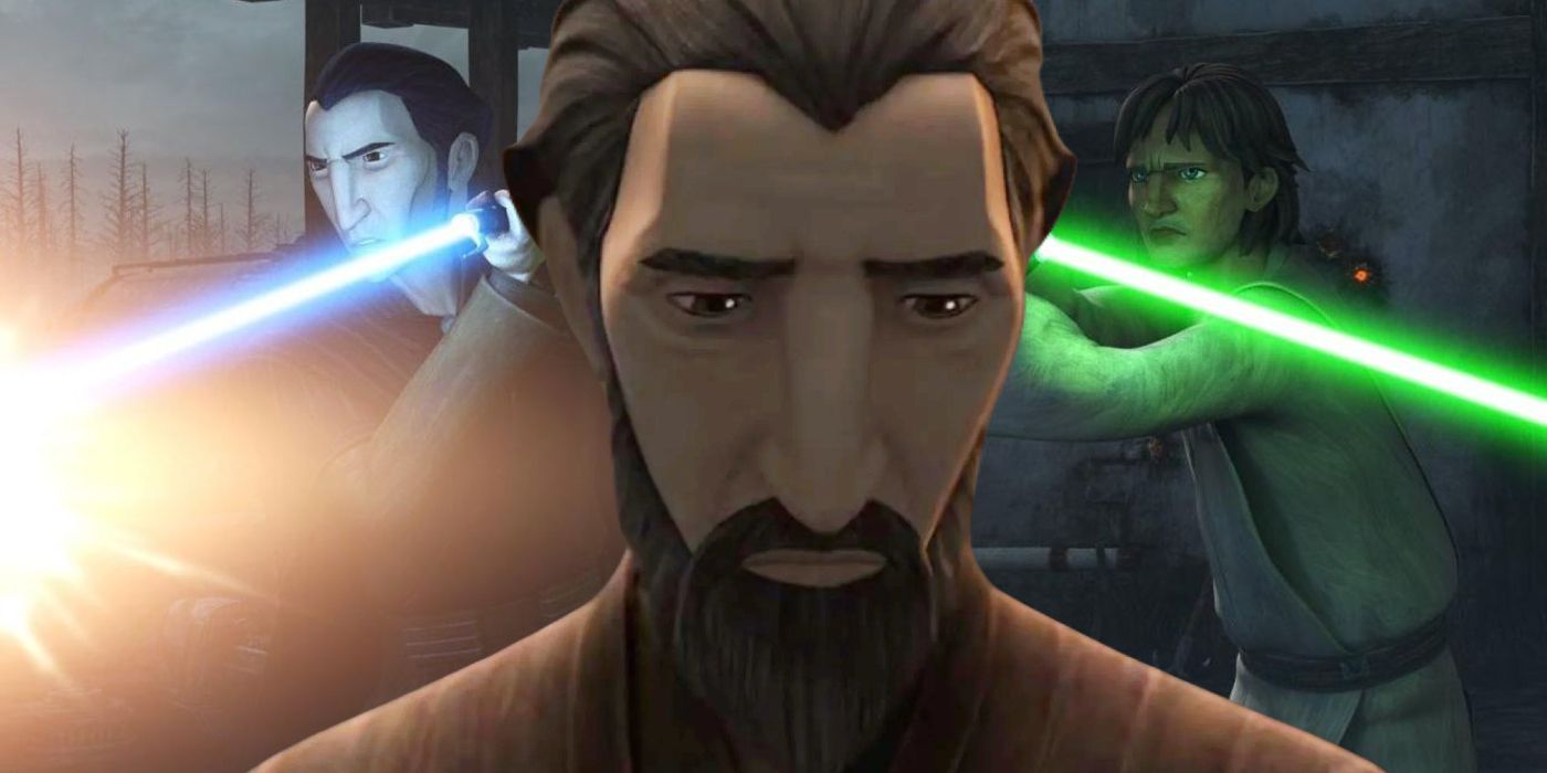 Image from the Star Wars: Tales of the Jedi animated series. Dooku and Qui-Gon Jinn ignite their blue and green lightsabers on a dark planet, with an older Dooku staring sorrowfully at the ground pasted overhead in the middle between them.