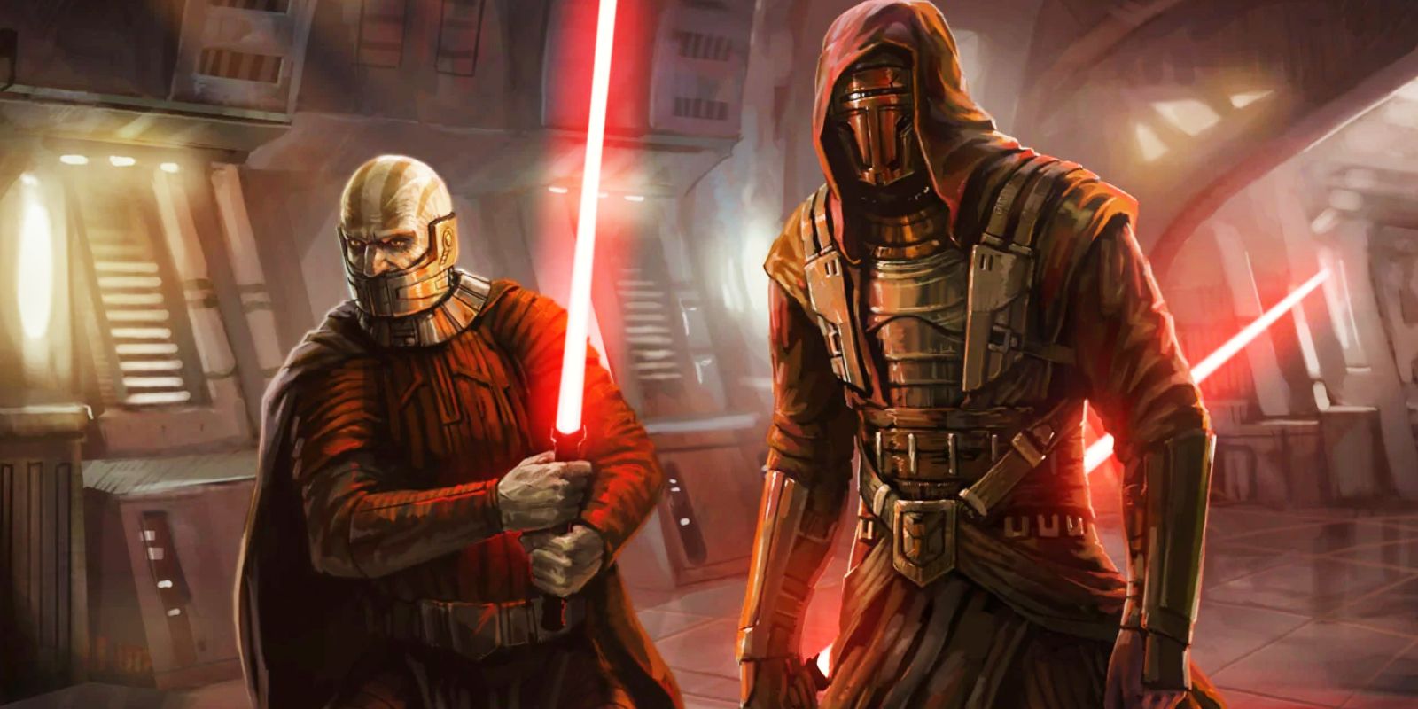 Revan e Malak de Star Wars: Knights of the Old Republic, lado a lado segurando seus sabres de luz vermelhos.