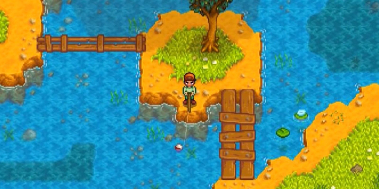 Jogador esperando um peixe morder seu anzol em Stardew Valley