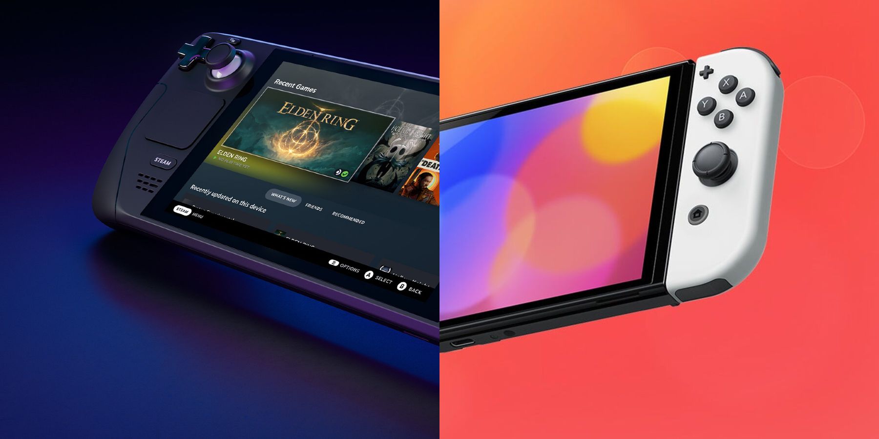 Uma imagem dividida com um Valve Steam Deck à esquerda e um Nintendo Switch OLED à direita.