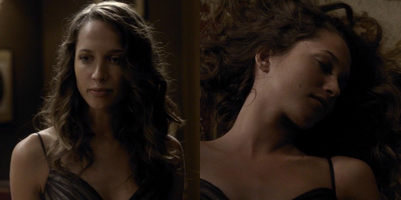 Imagem dividida de Sarah de The Vampire Diaries, olhando para Tyler em uma imagem e morta na próxima