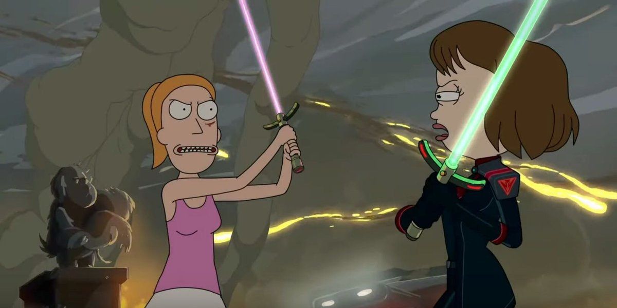 Summer e Tammy com sabres de luz em Rick and Morty