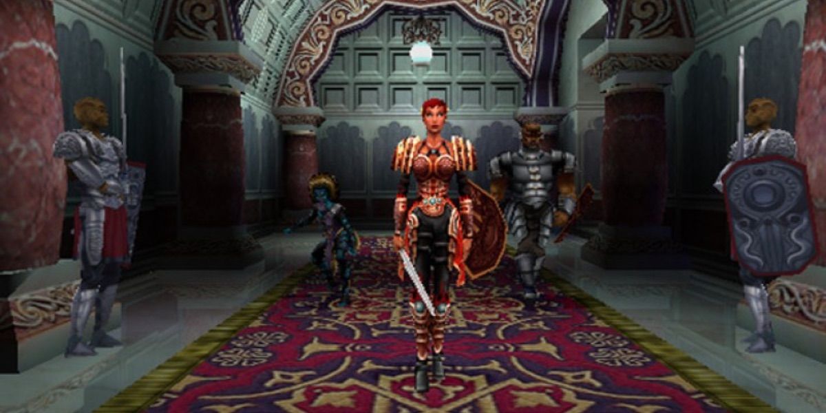 Tres personajes caminan por el pasillo de un castillo con espadas en mano en Summoner 2