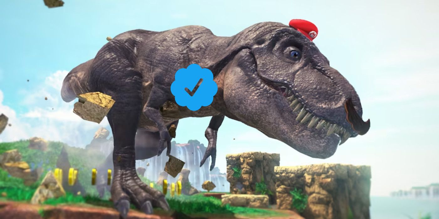 Mario possessing a Tyrannosaurus Rex in Super Mario Odyssey, with a blue Twitter check mark on its chest