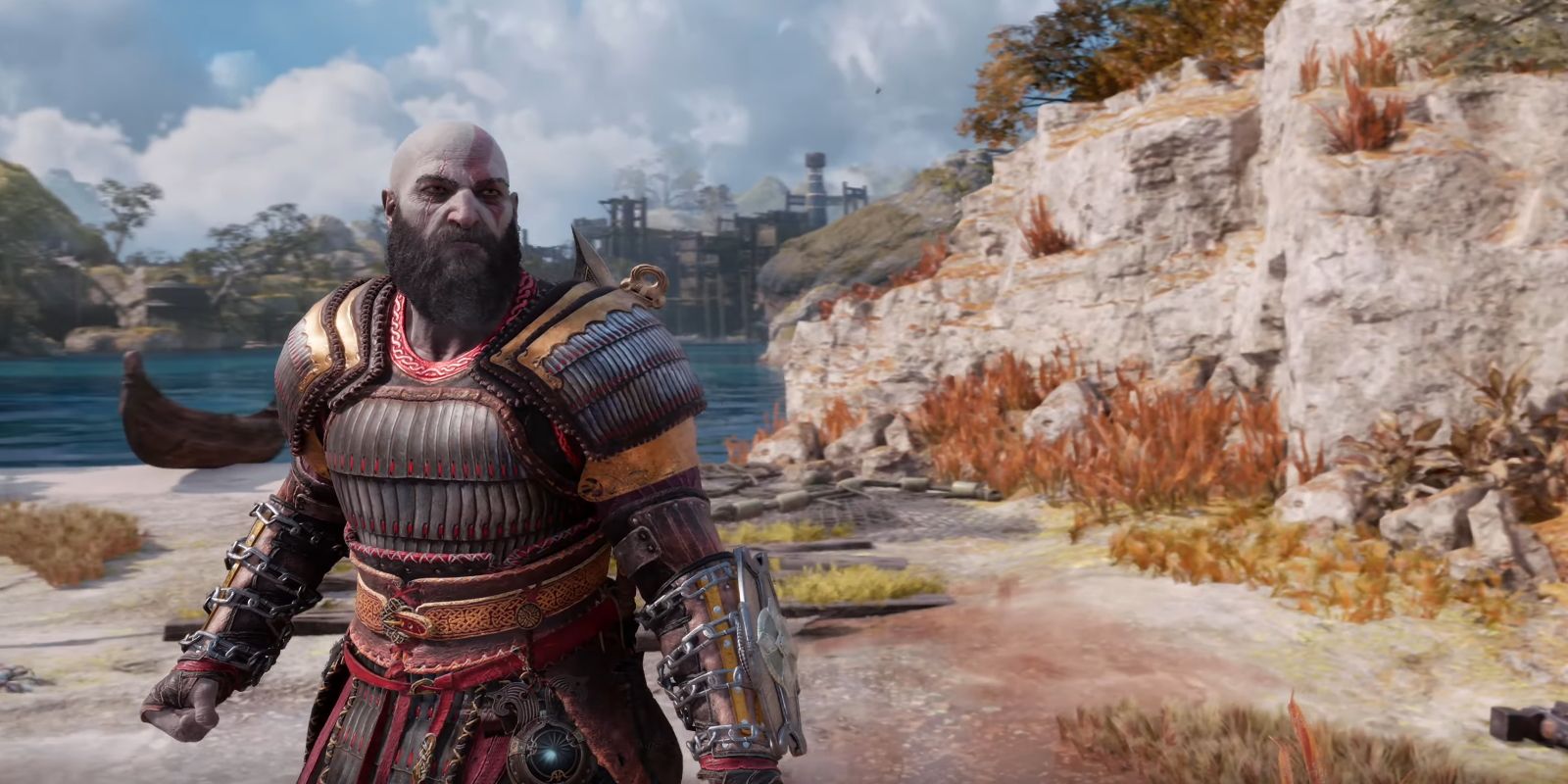 Kratos dressed in Surtr's Scorched armor set from Ragnarok.