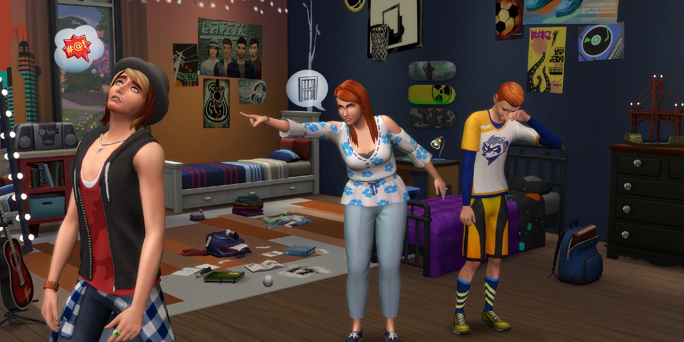 A female sim scolding a teenager boy for upsetting another boy.