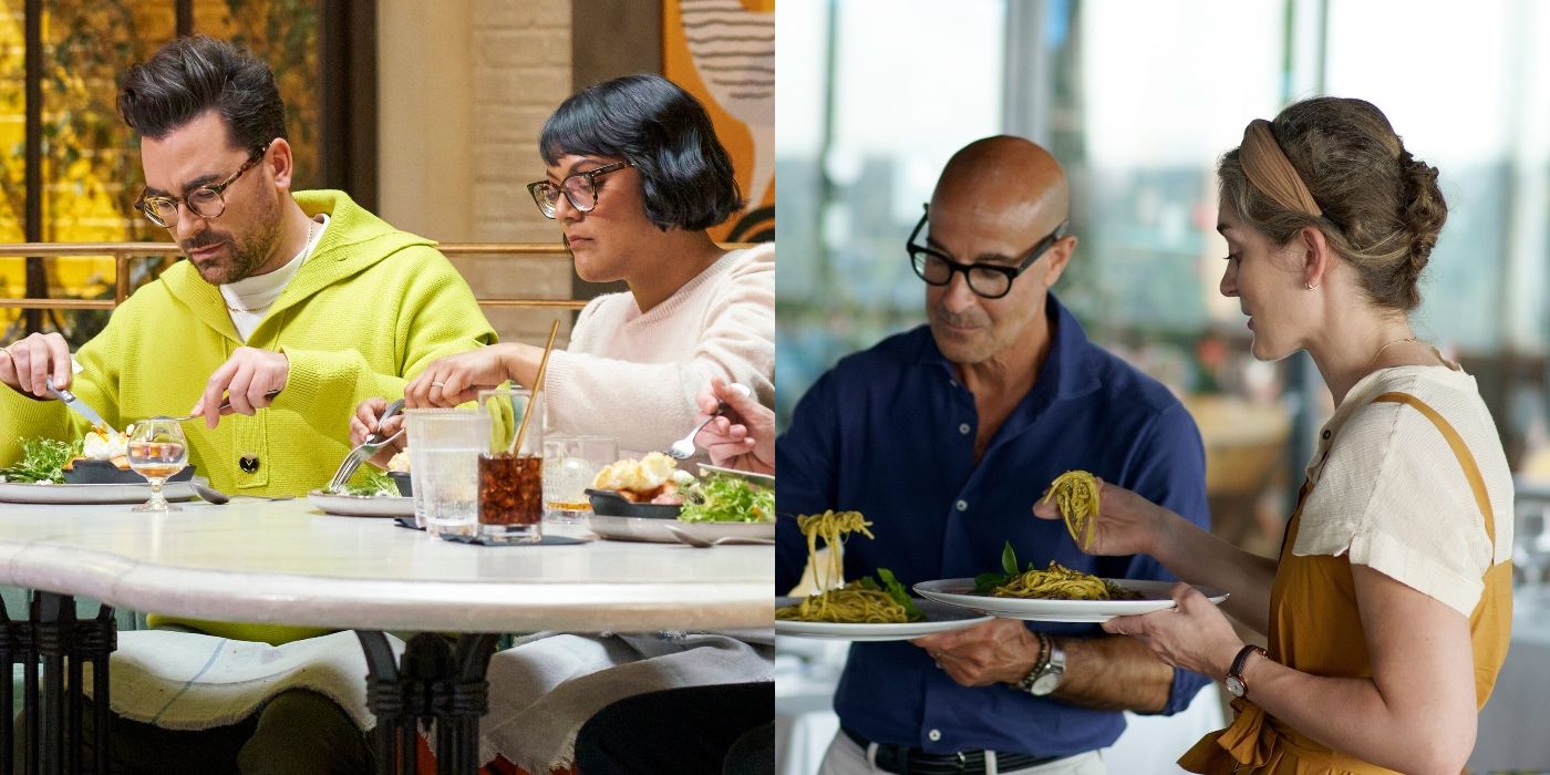 Split image of Dan Levy and Sohla El-Waylly on The Big Brunch and Stanley Tucci on Searching For Italy