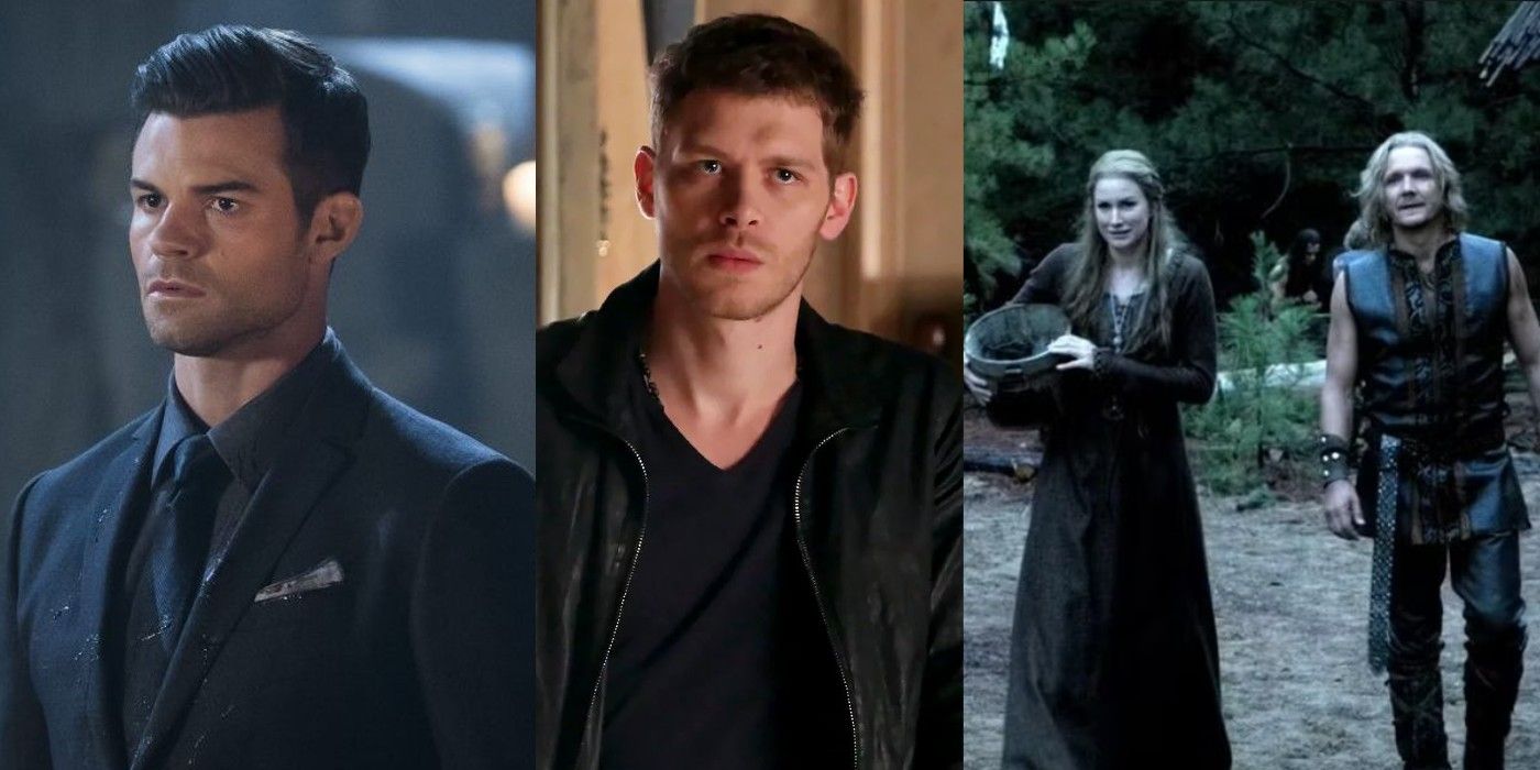 Split image of Klaus Mikaelson surrounded by Elijah and his parents on The Vampire Diaries and The Originals