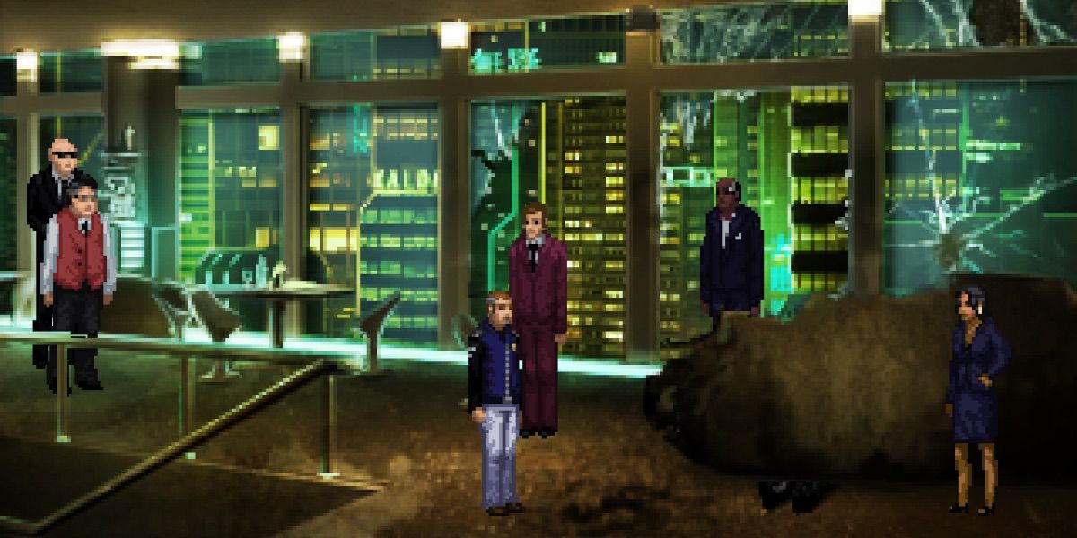 Several characters stand in a ruined room from the game Technobabylon