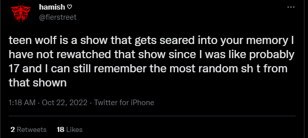 A tweet giving praise to Teen Wolf