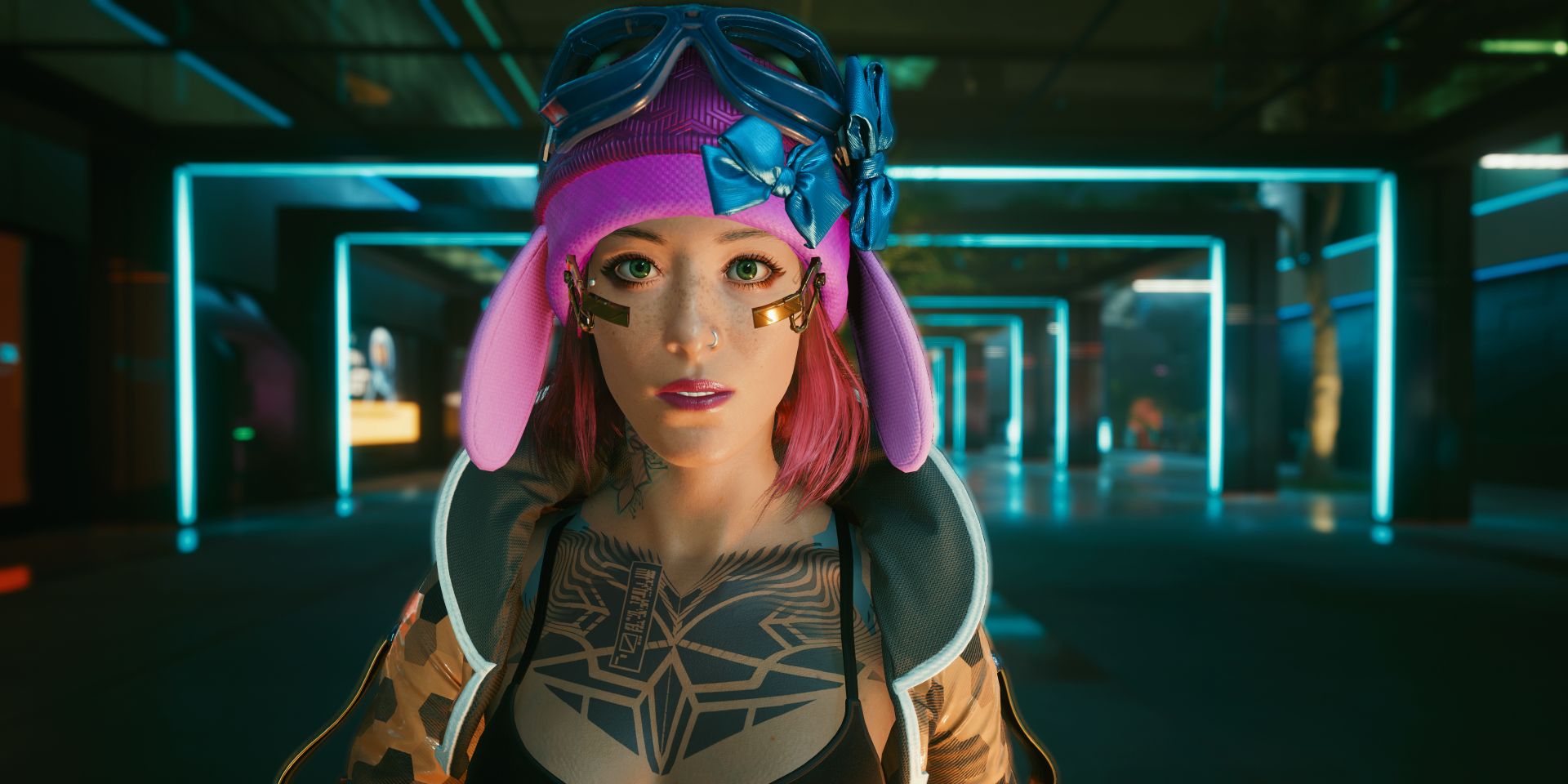 The Tell Me I'm Cute Pilot Hat with Technopolymer Goggles in Cyberpunk 2077.