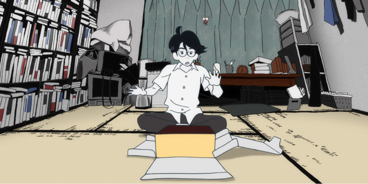 Tatami Galaxy’s protagonist in his room