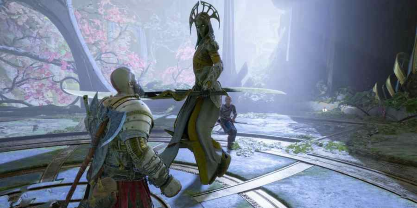 Alva standing regally over Kratos in Ragnarok