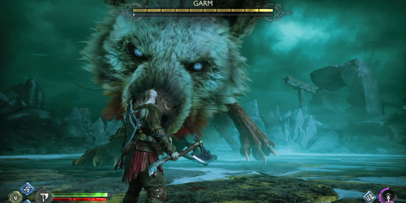 Giant wolf Garm about to bite Kratos in Ragnarok