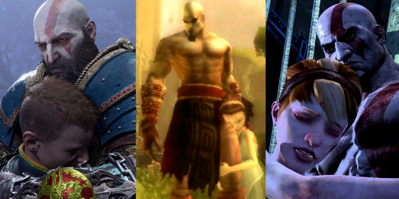Kratos being hugged by his various children