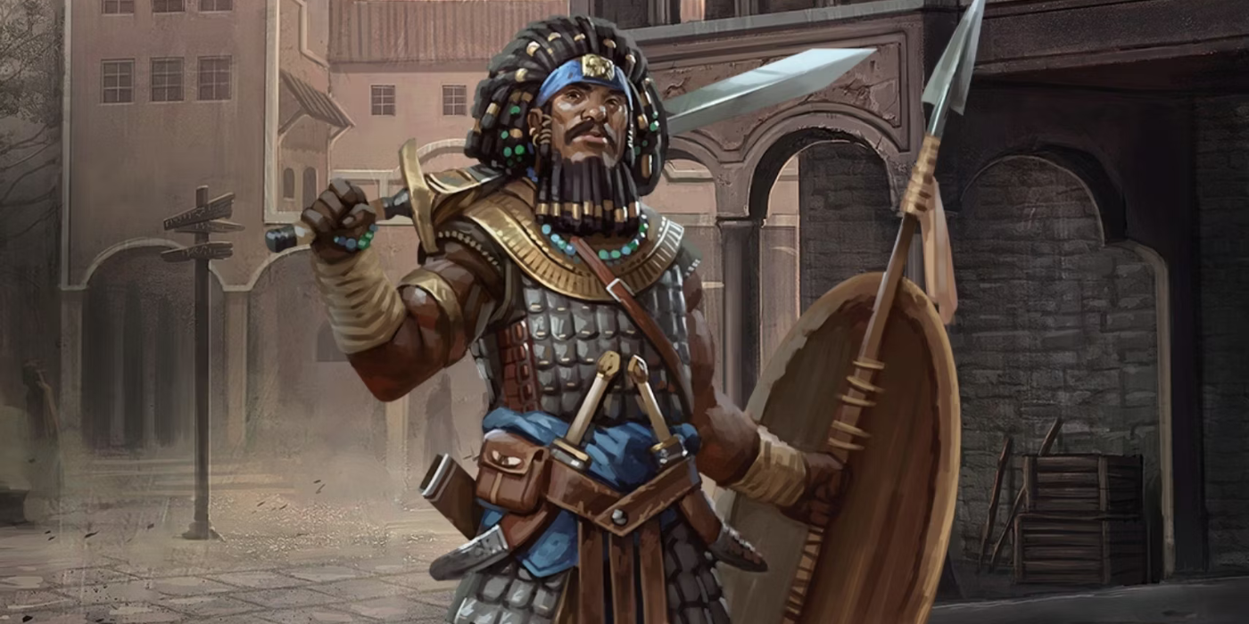 A DnD fighter standing in a city street, resting a sword on one should and holding a shield and spear in the opposite hand.
