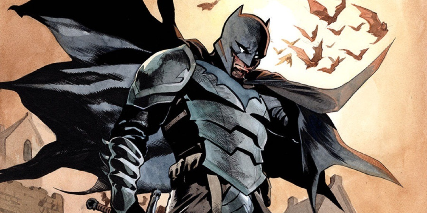 Batman di Dark Knights of Steel mengenakan baju besi lengkap