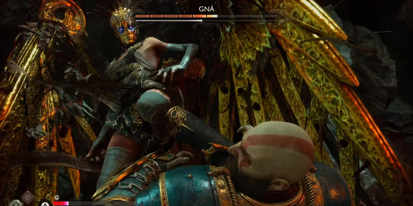 Valkyrie Queen Gna stepping on Kratos in god of war Ragnarok.