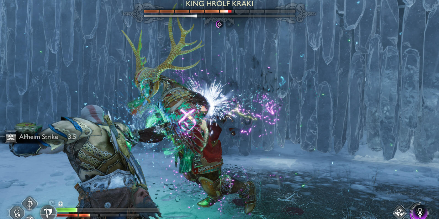 Kratos throwing an axe at Hrolf the Berserker King