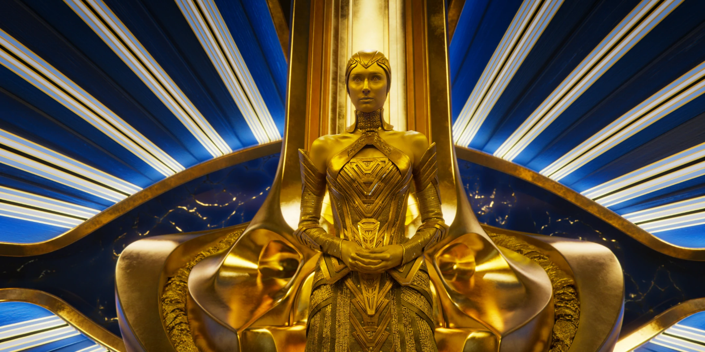 Ayesha of the Sovereign in her gold seat in the MCU