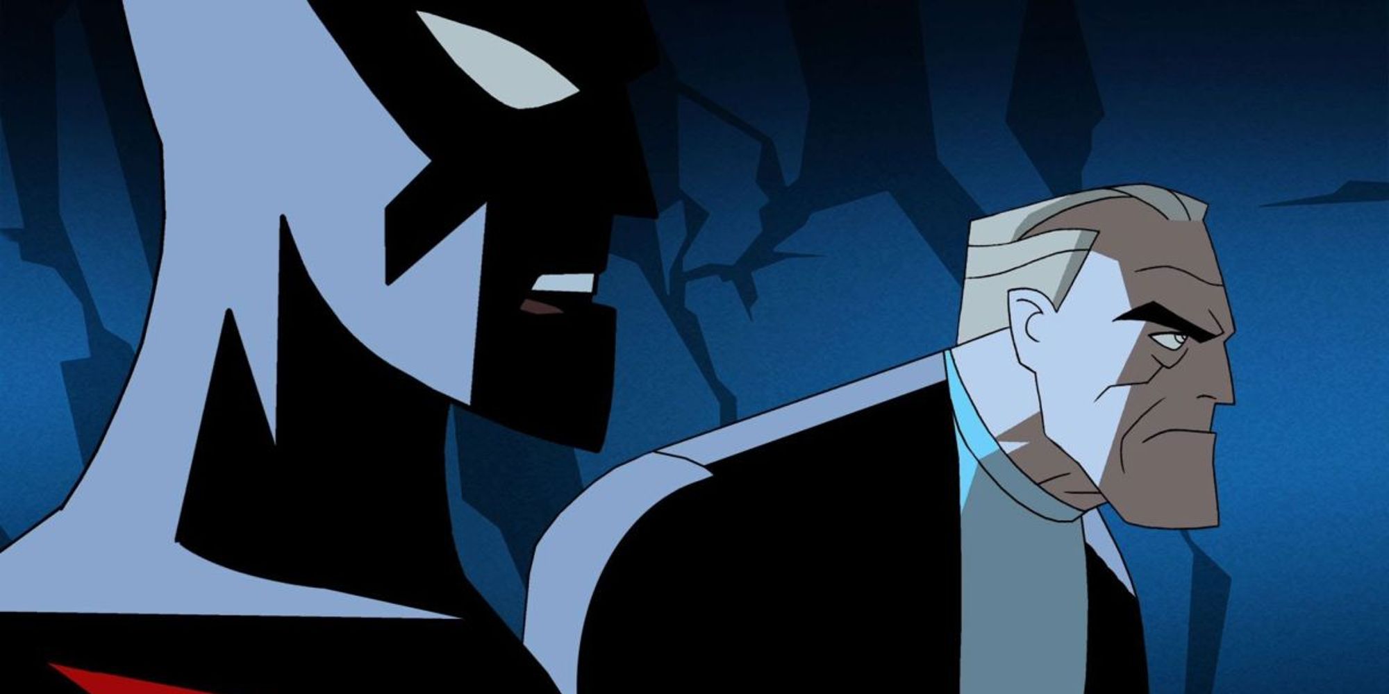 Terry McGinnis e Bruce Wayne dentro da Batcaverna em Batman Beyond