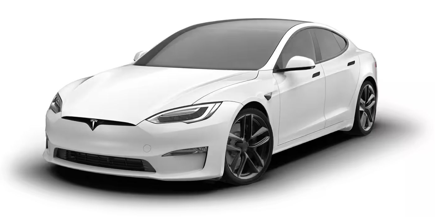 A Tesla Model S white over a white background