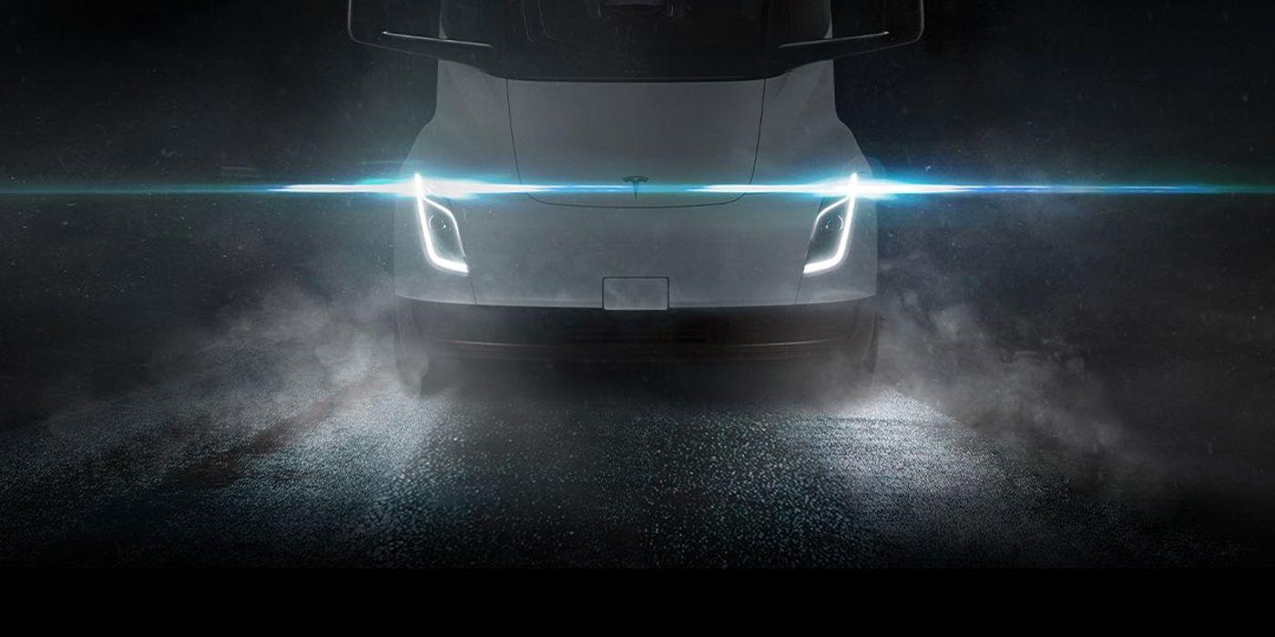 Tesla Semi poster showing the front of the truck at night with a neon blue light beaming across from the headlights