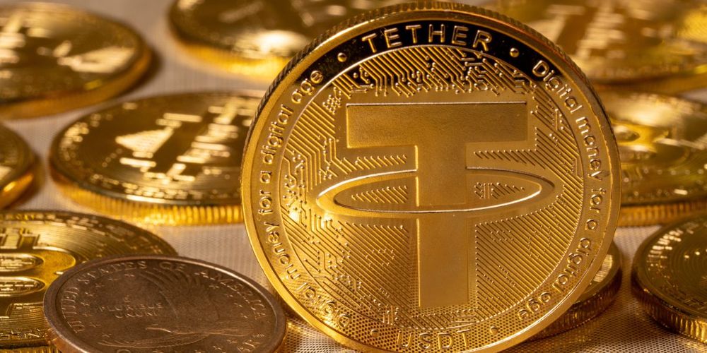 A Tether coin is seen