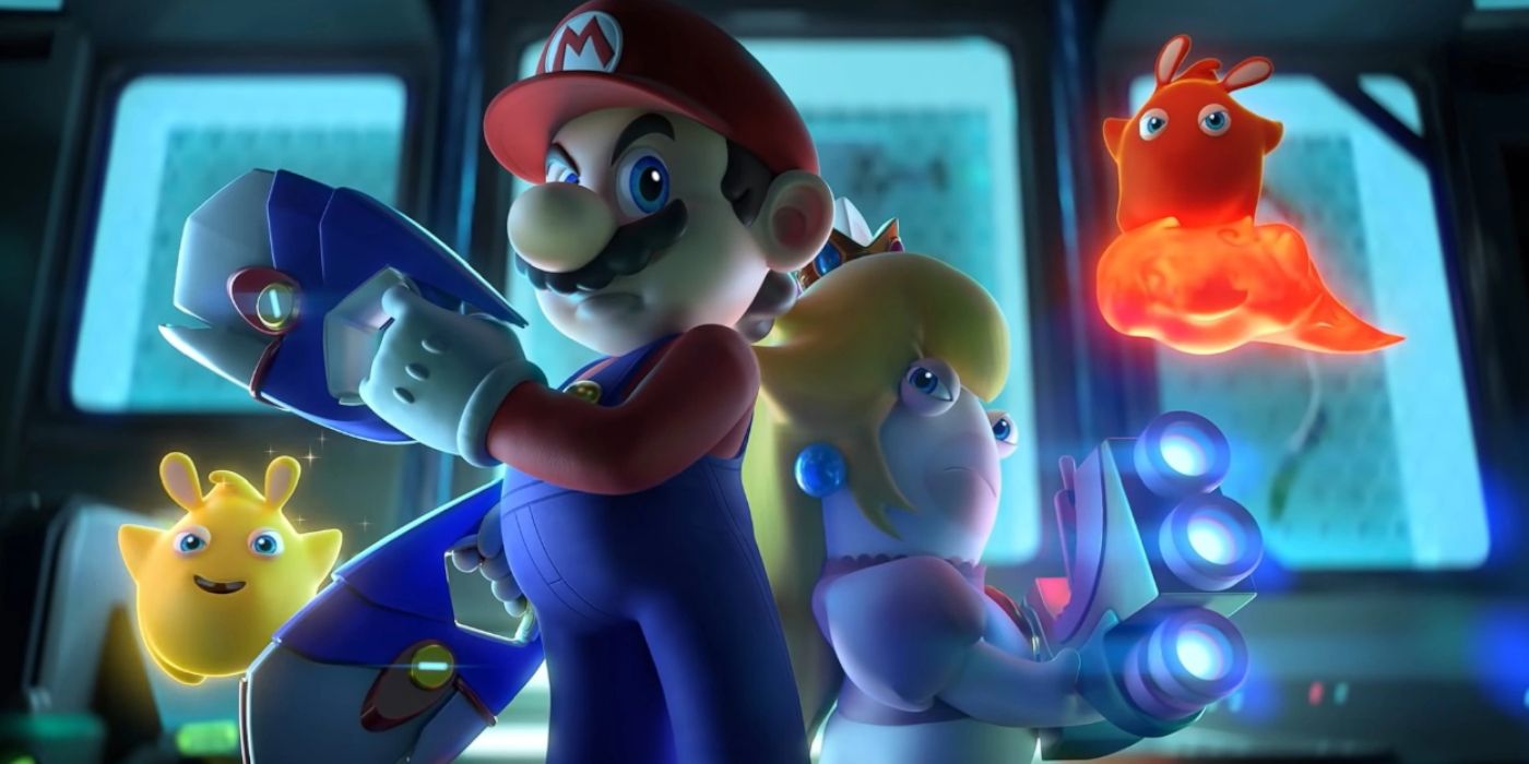 Mario em pé lado a lado com Rabbid Peach, ambos segurando armas, em Mario + Rabbids: Sparks of Hope.