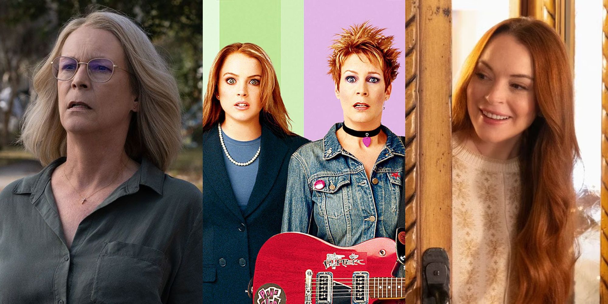 Jamie Lee Curtis in Halloween Ends, a poster for Freaky Friday, and Lindsay Lohan in Falling for Christmas