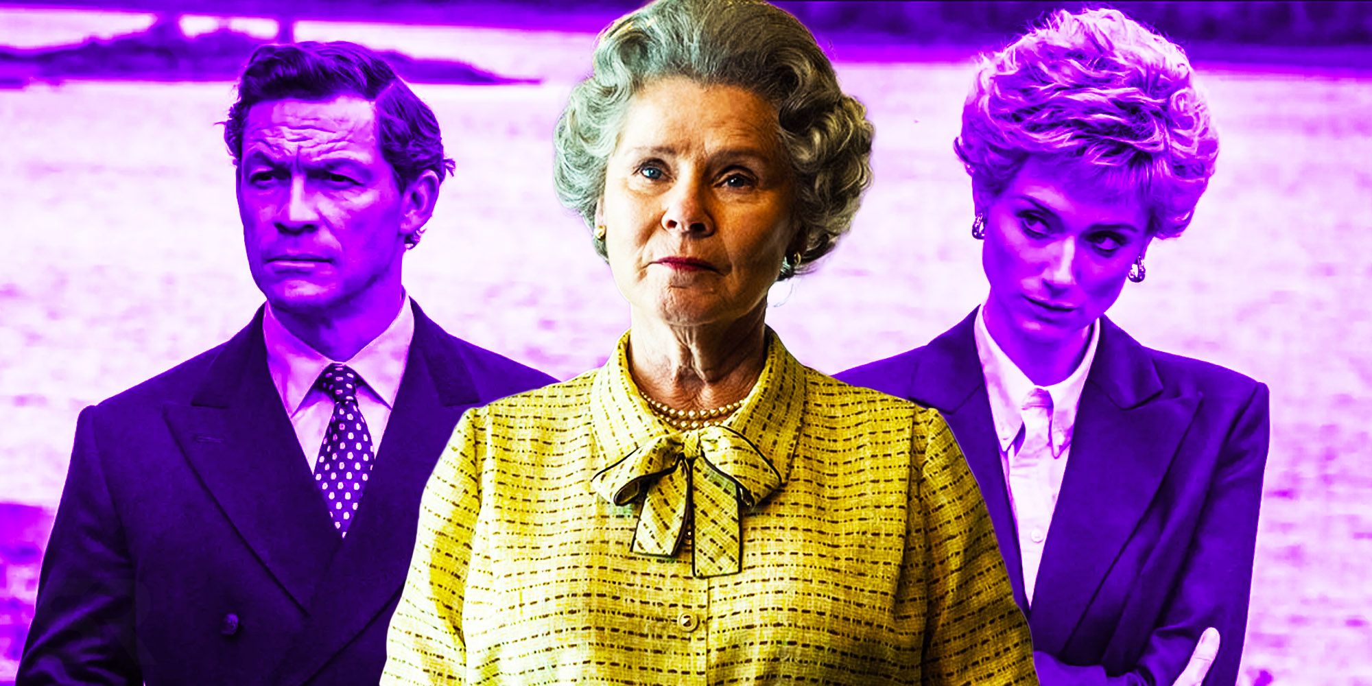 Blended image of Prince Charles, Queen Elizabeth, and Princess Diana in The Crown.