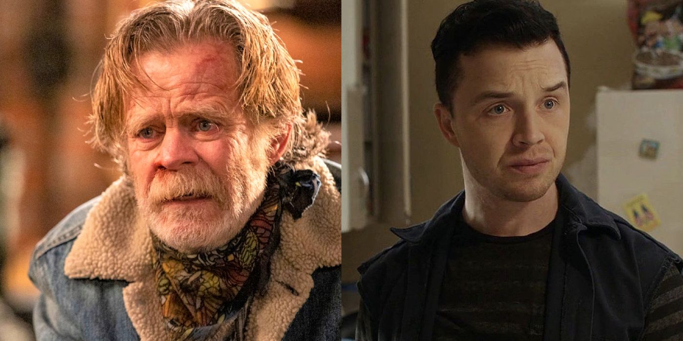 Split image showing Frank and Mickey in different episodes of Shameless
