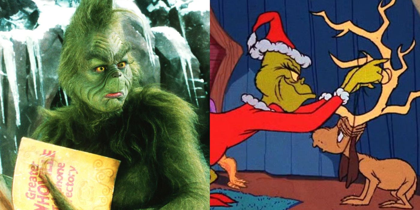 The Grinch holding a book and scowling in How The Grinch Stole Christmas (2000) and the Grinch strapping reindeer antlers on his dog Max in How The Grinch Stole Christmas 1966).