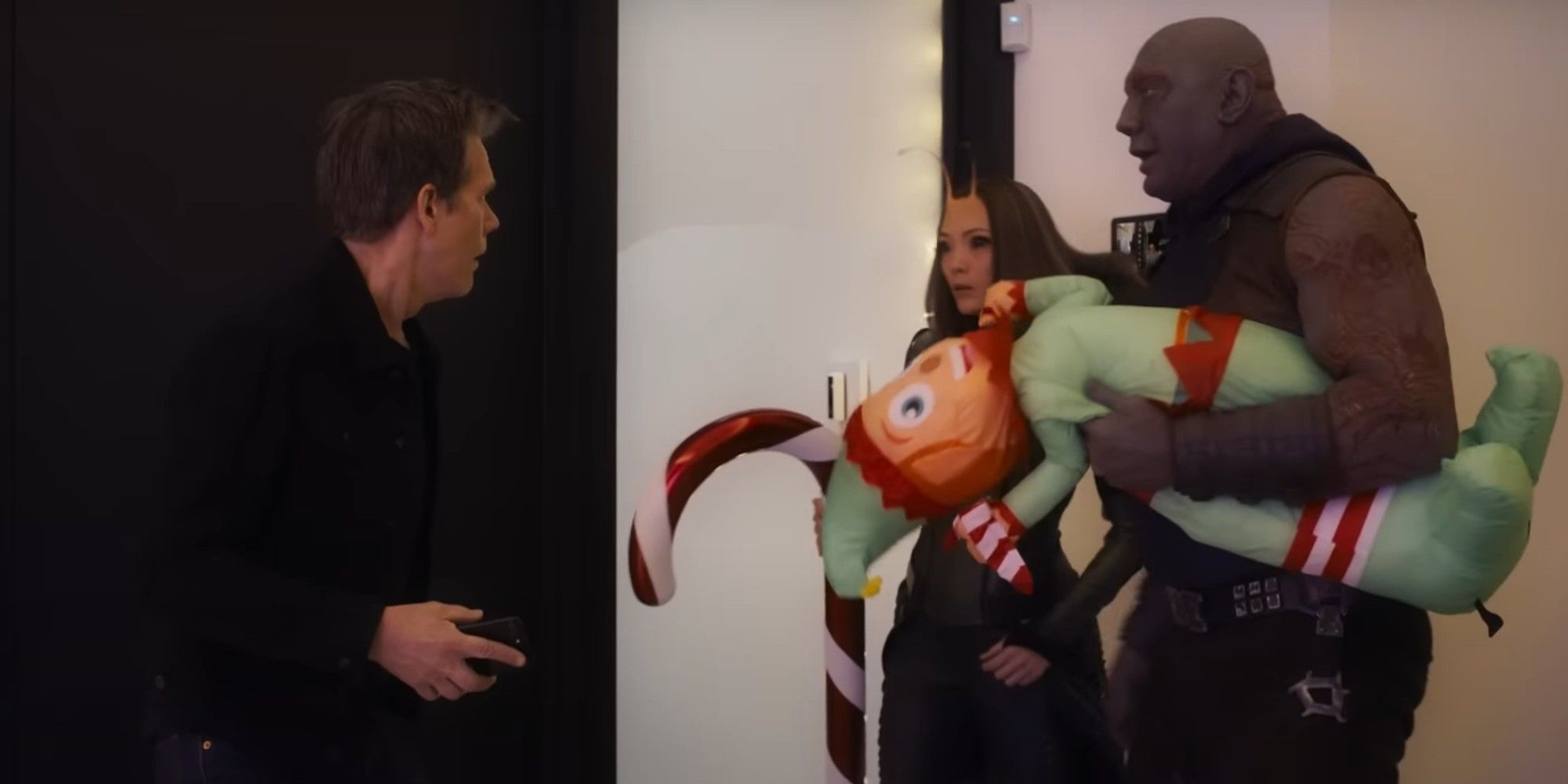 The Guardians of the Galaxy Holiday Special Kevin Bacon Pom Klementieff and Dave Bautista as Kevin Bacon Mantis and Drax