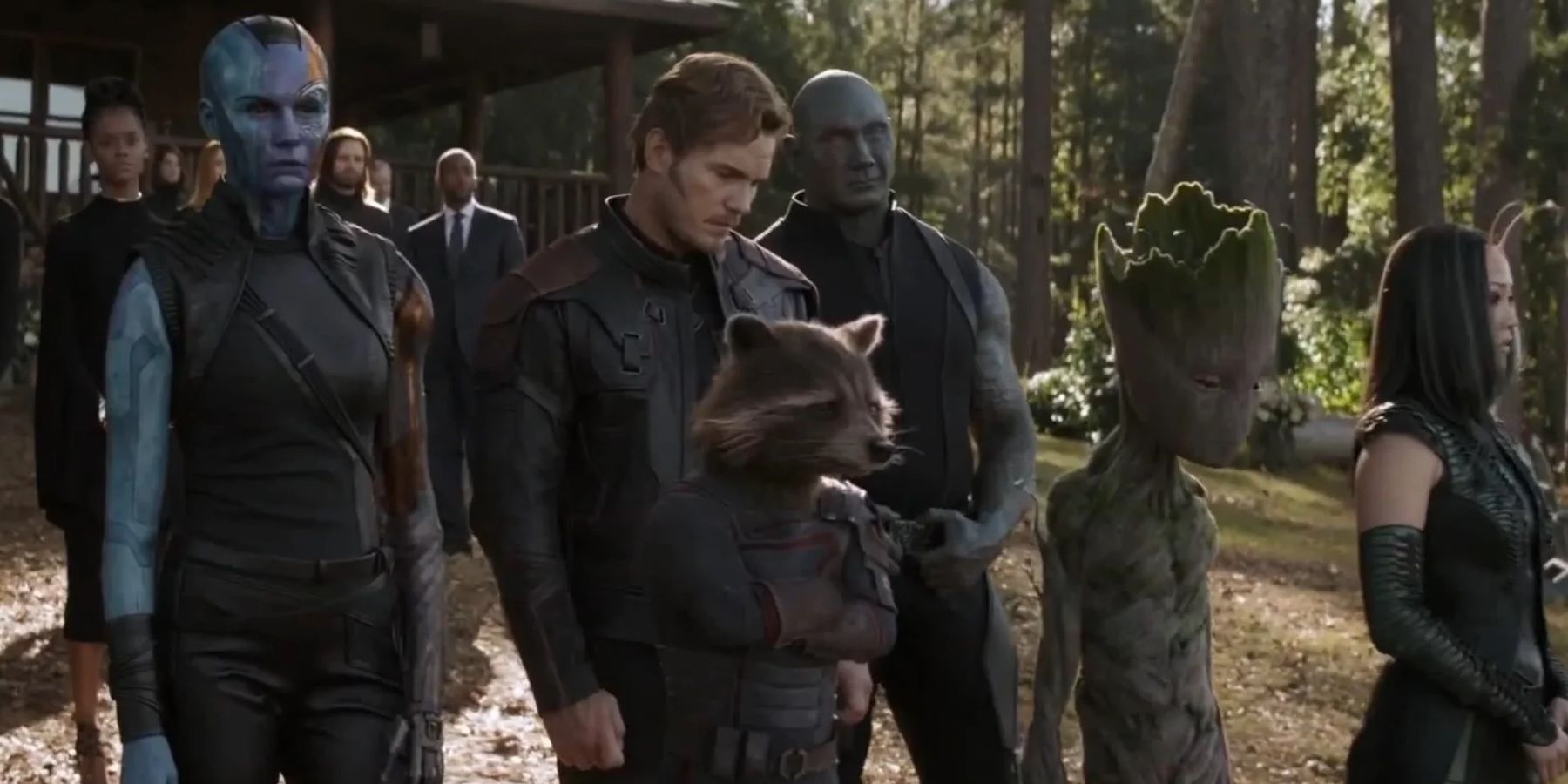 Os Guardiões da Galáxia no funeral de Tony Stark em Avengers Endgame