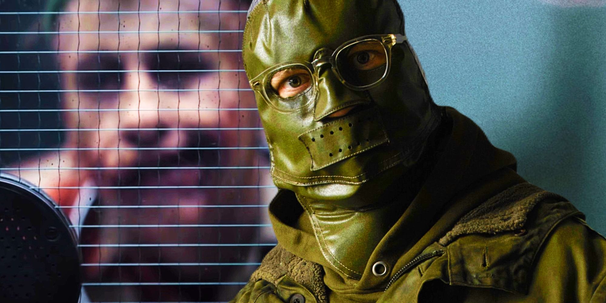 Split Image: The Joker (Barry Keoghan) looks through the window in the visitors station; The Riddler (Paul Dano) is fully suited up in The Batman