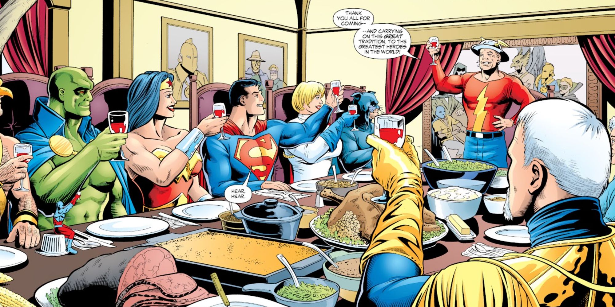 The Justice Society Of America and the Justice League sitting together for Thanksgiving in JSA #54