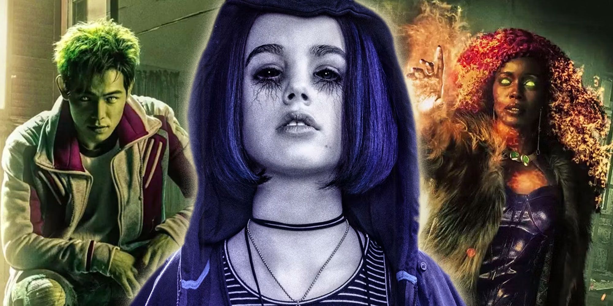 A blended image features Gar Logan, Rachel Roth, and Koriand&rsquo;r from HBO Max&rsquo;s Titans