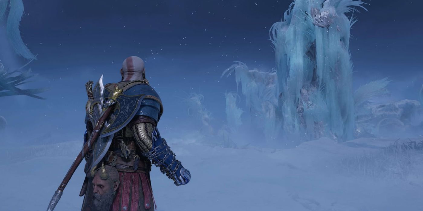 Kratos durante a missão dos nove reinos em flor no God of War ragnarok.