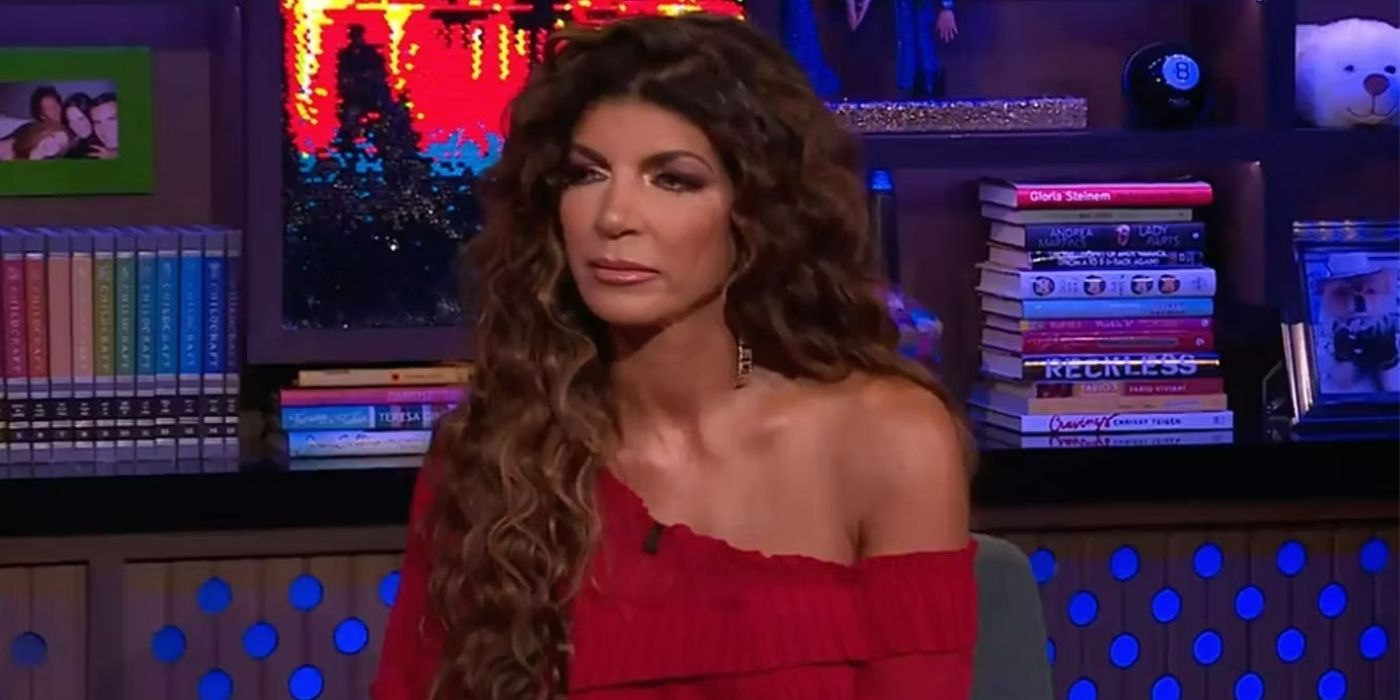 The Real Housewives of New Jersey star Teresa Giudice on Watch What Happens Live looking serious