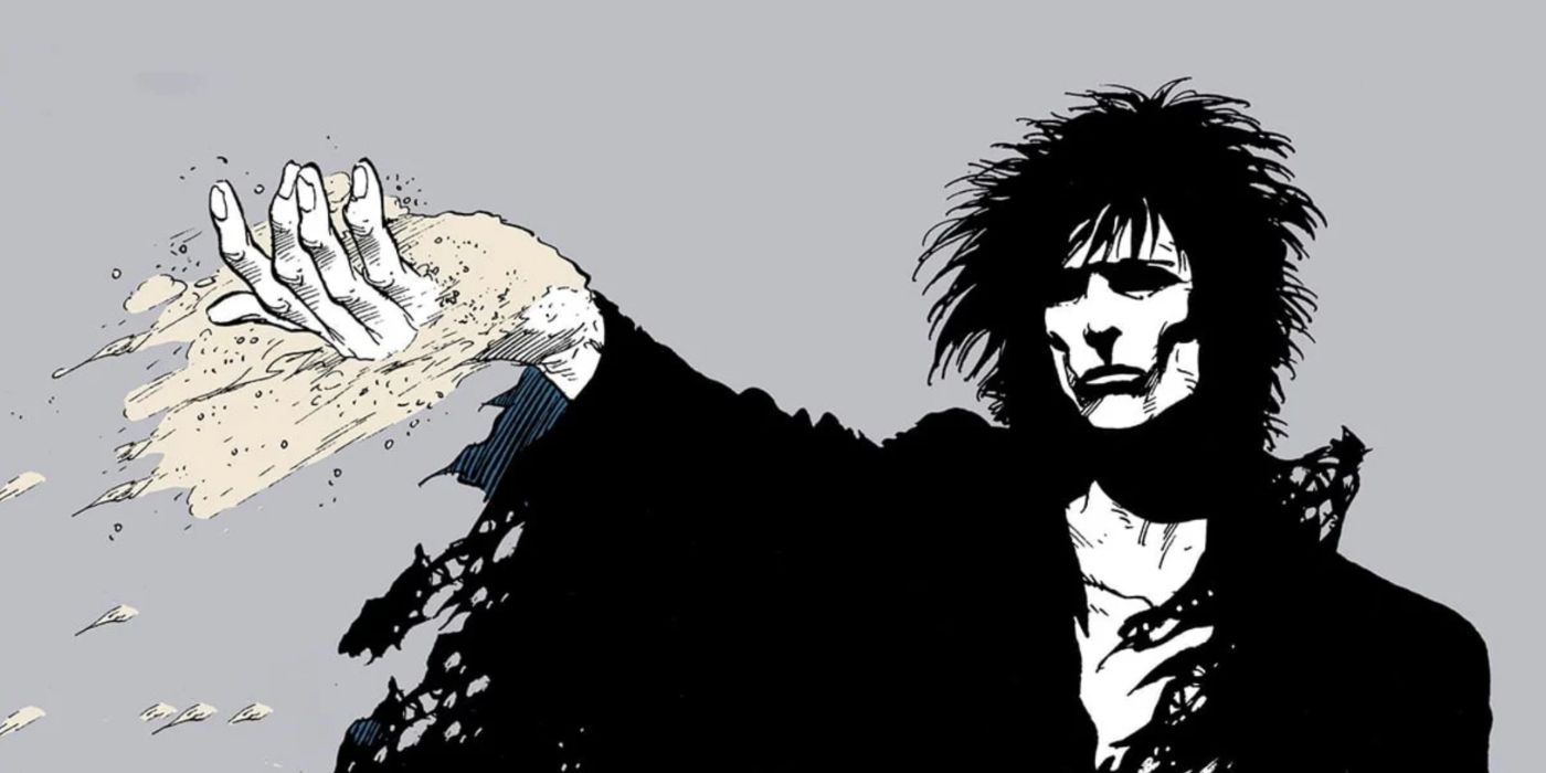 The Sandman art featuring Dream holding a handful of sand as it blows away with the wind.