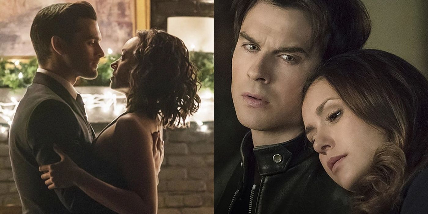 Split image of Enzo and Bonnie and Damon and Elena on The Vampire Diaries