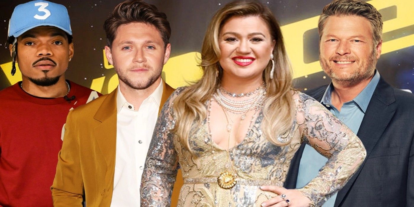 Blended images of Chance the Rapper, Niall Horan, Kelly Clarkson, and Blake Sheldon for The Voice season 23