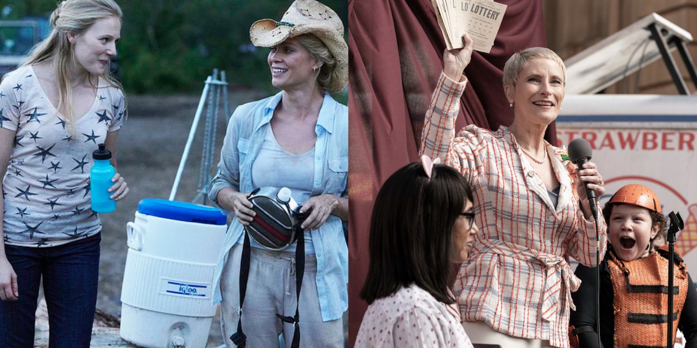 Amy dan Andrea tertawa bersama di season 1 di samping gambar Pamela memegang tiket lotre di Persemakmuran di season 11 The Walking Dead. 