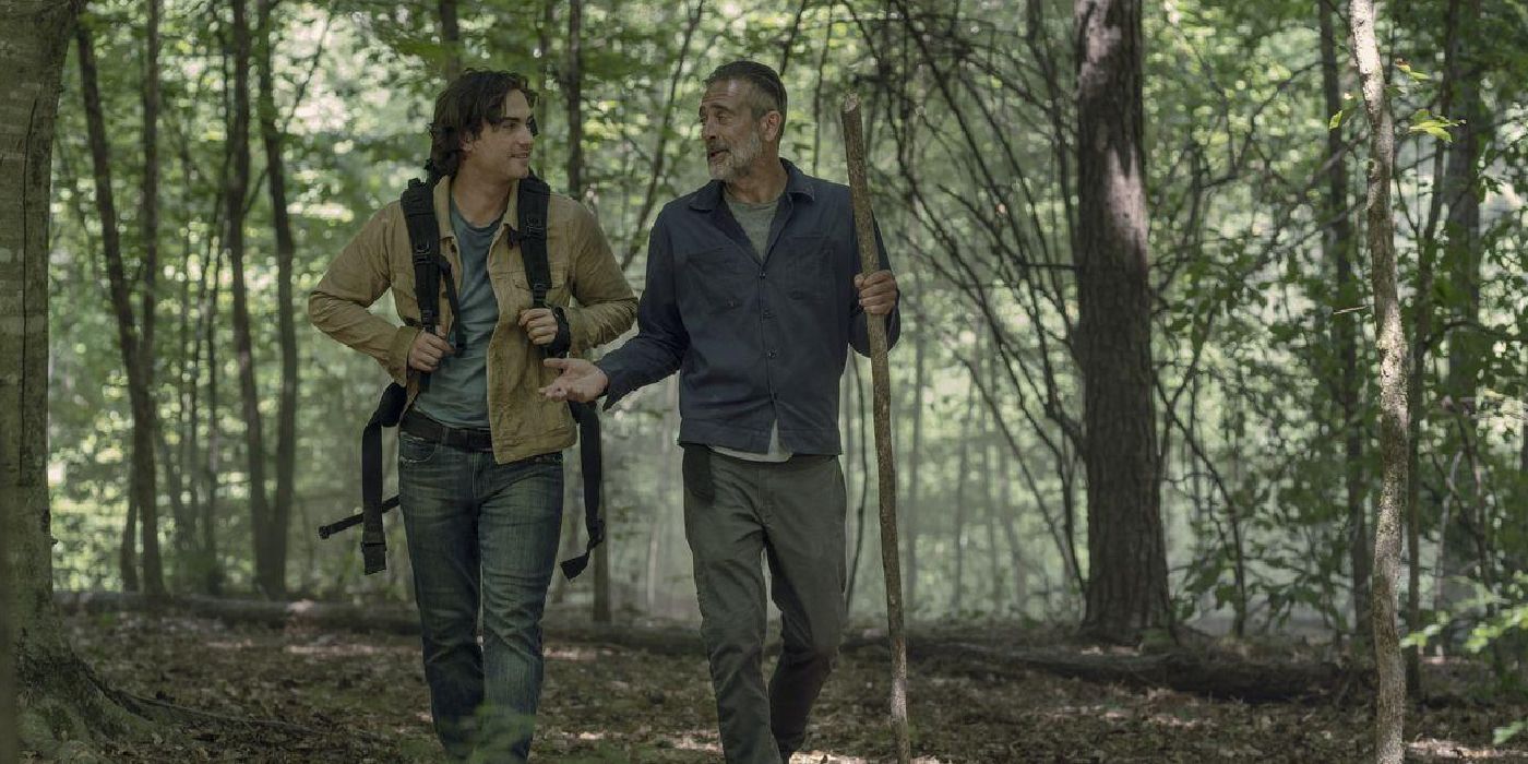 The Walking Dead: Negan (Jeffrey Dean Morgan) and Brandon walk through the woods, talking to one another