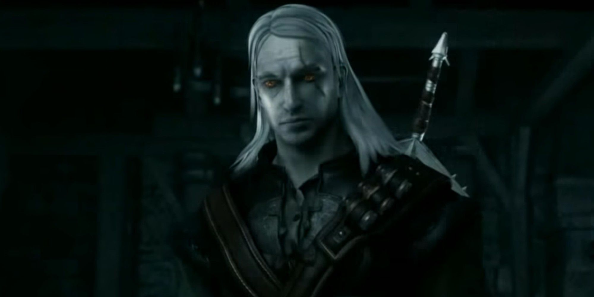 Geralt from the cinematic intro from The Witcher 1 stares into camera on a dark dingy background