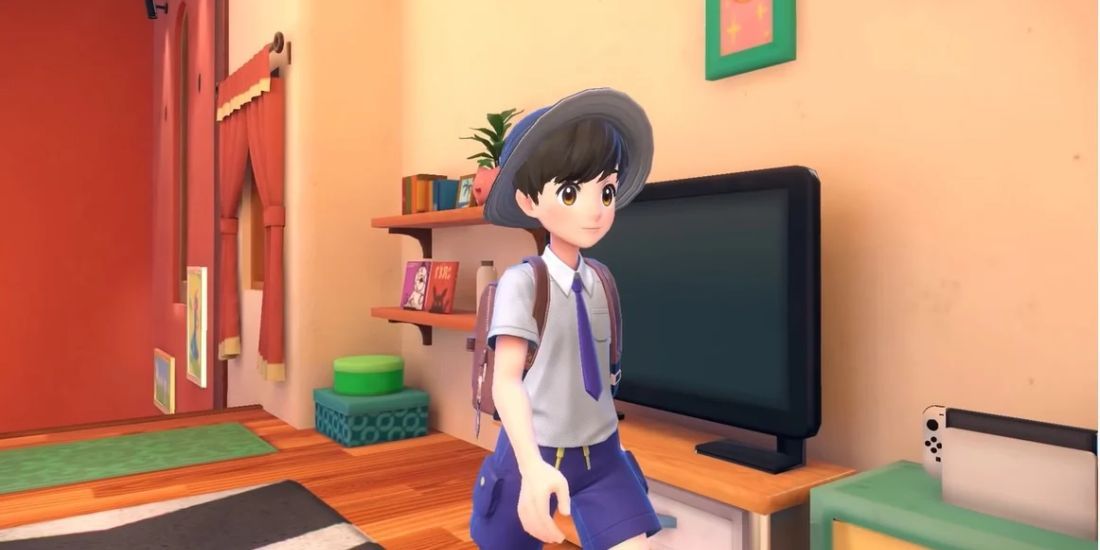 The main characters room in Pokemon Scarlet and Violet with an Oled Nintendo Switch in shot