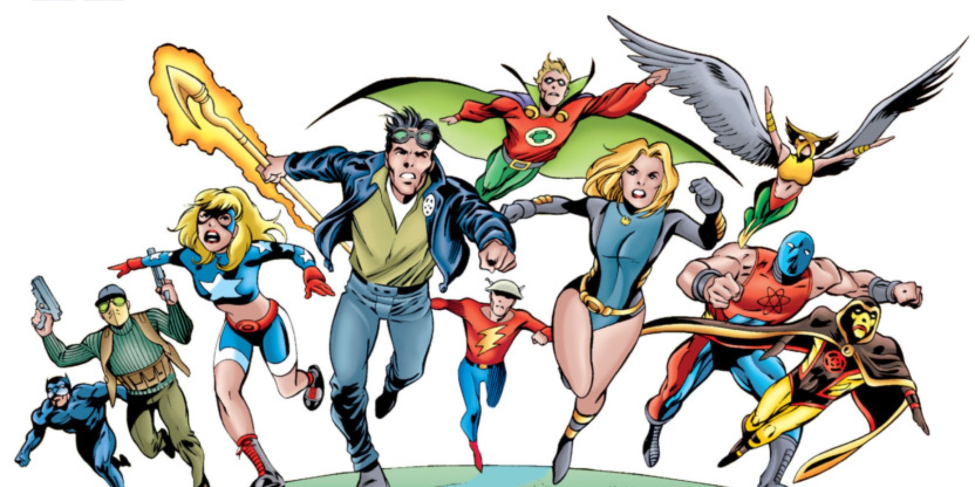 The new Justice Society charging into battle in JSA #1 (1999)