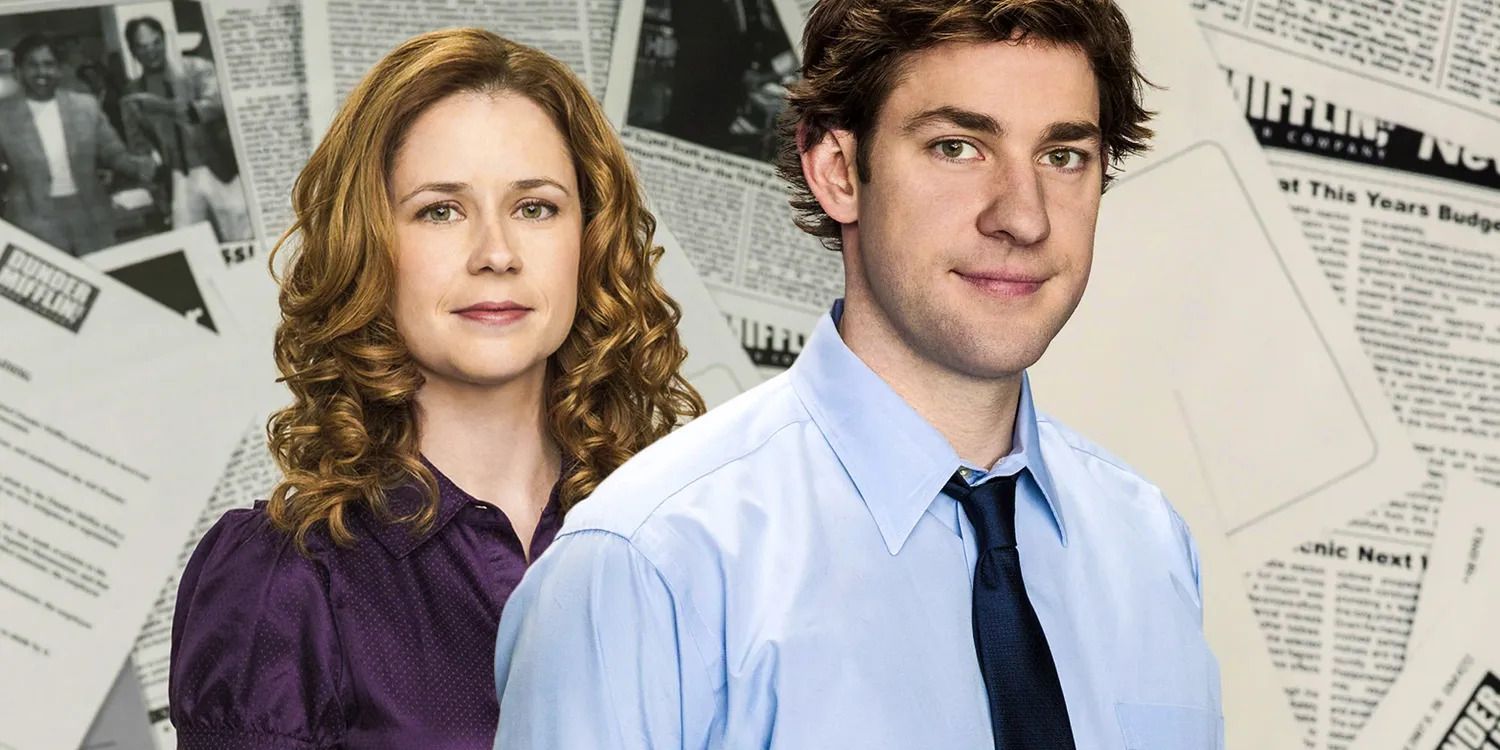 The Office John Krasinski como Jim e Jenna Fischer como Pam na frente de um memorando de papel